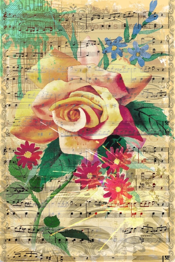 音乐符号前面的鲜花油画图片