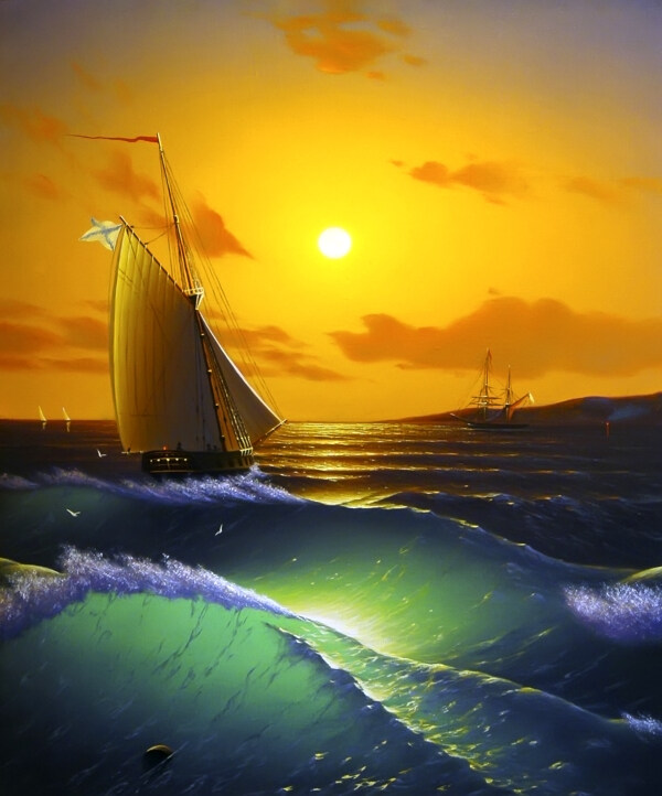 油画海浪帆船图片