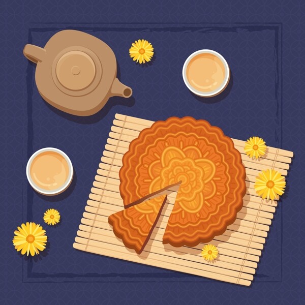 美味中秋节茶和切开的月饼矢量图