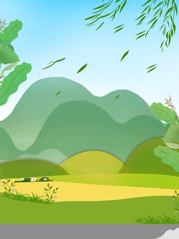 手绘春季绿色草地山峰背景素材