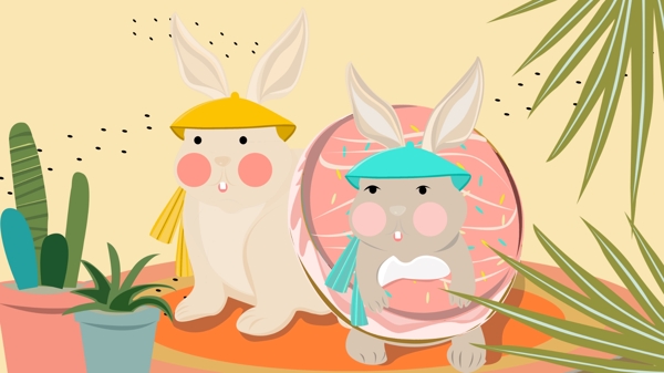 萌宠两只带帽子的兔子手绘插画