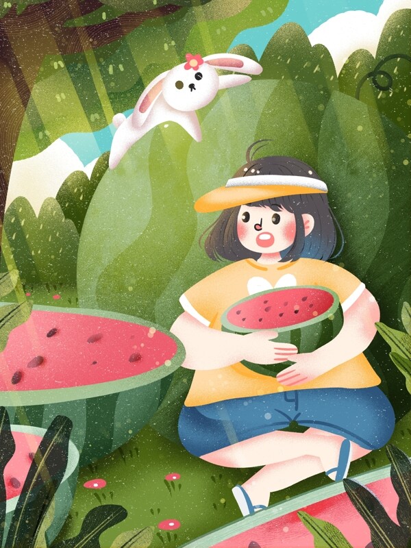夏季小清新吃西瓜的女孩和兔子树荫下乘凉