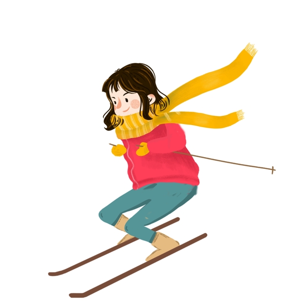 手绘滑雪的卡通女孩图案元素