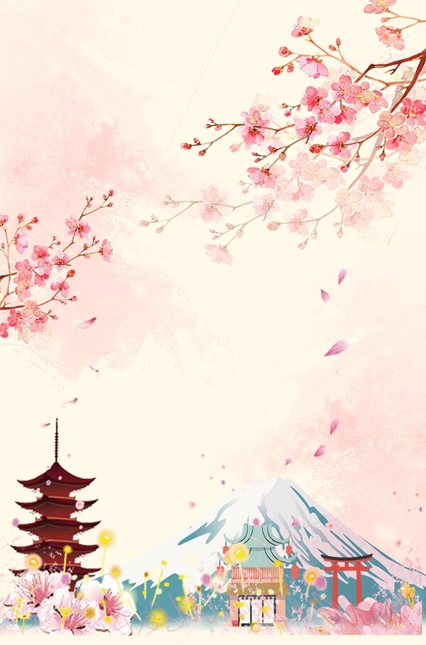 日本樱花米色暑假旅游富士山清新手绘背景
