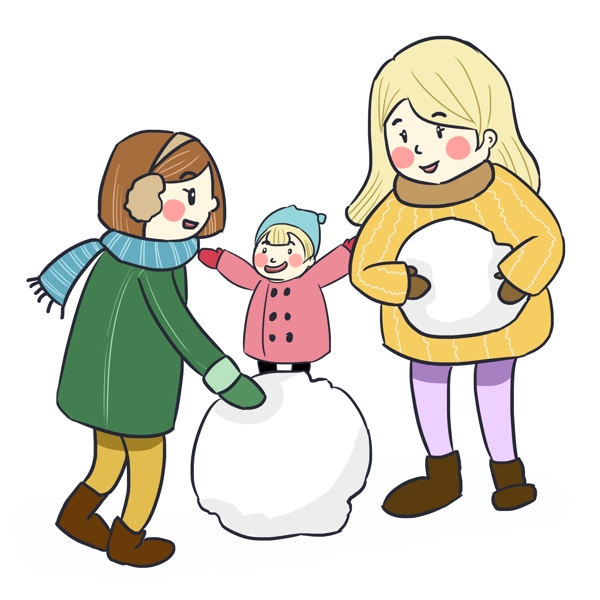 暖冬童话少女风卡通手绘一起滚雪球