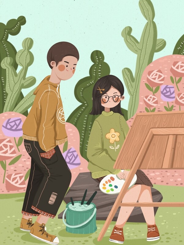 春天你好在植物园写生的男生和女生可爱插画
