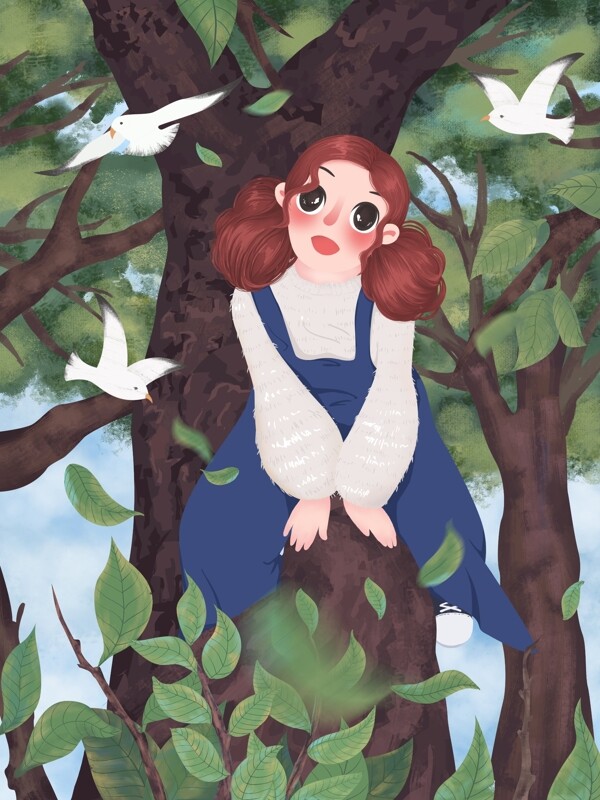 坐在树上的女孩春天小清新插画