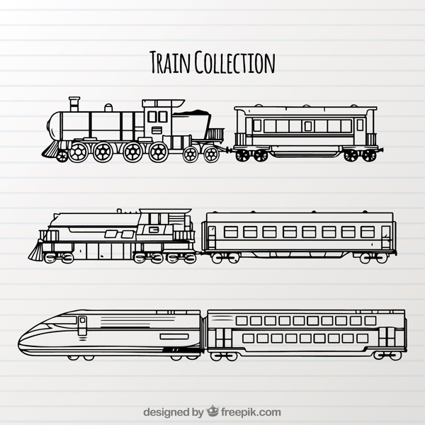手绘素描风格各种火车插图