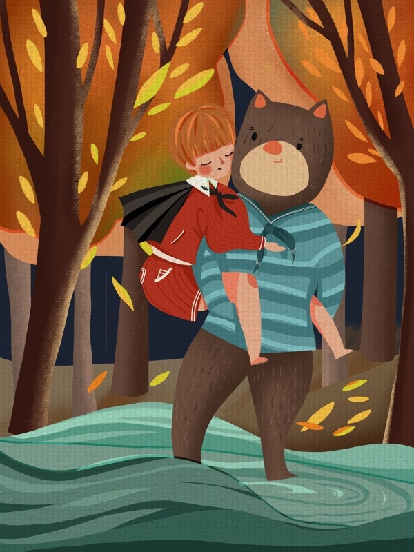 晚安你好小男孩被小熊背着过河温馨插画
