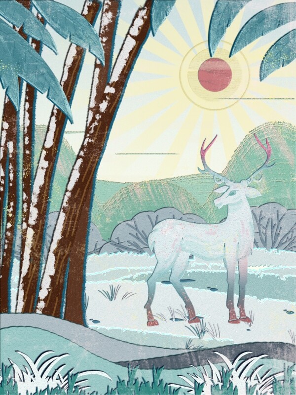唯美小清新冬日风景林间的白鹿