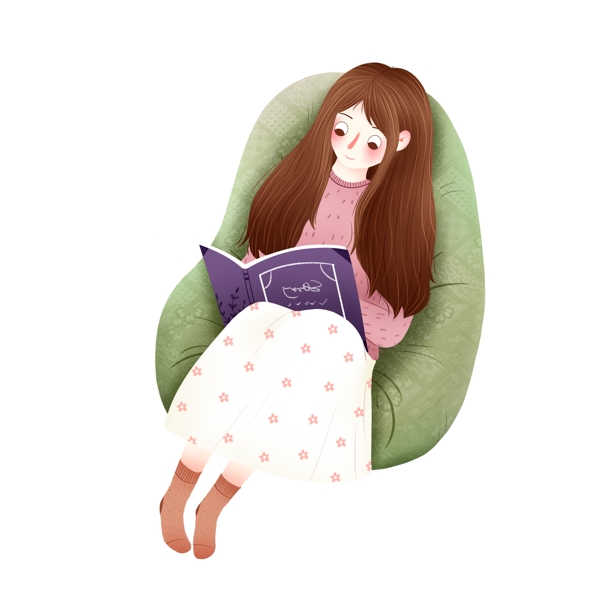 躺着沙发上看书的女孩手绘设计