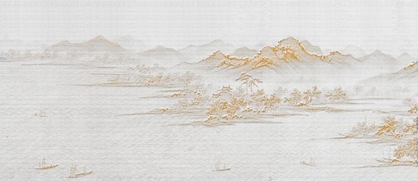 新中式山水柔美线描壁画