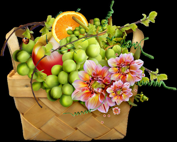 彩绘水果花卉组合花篮png透明素材