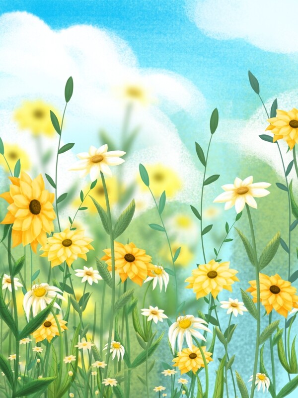 卡通手绘花卉风景插画背景