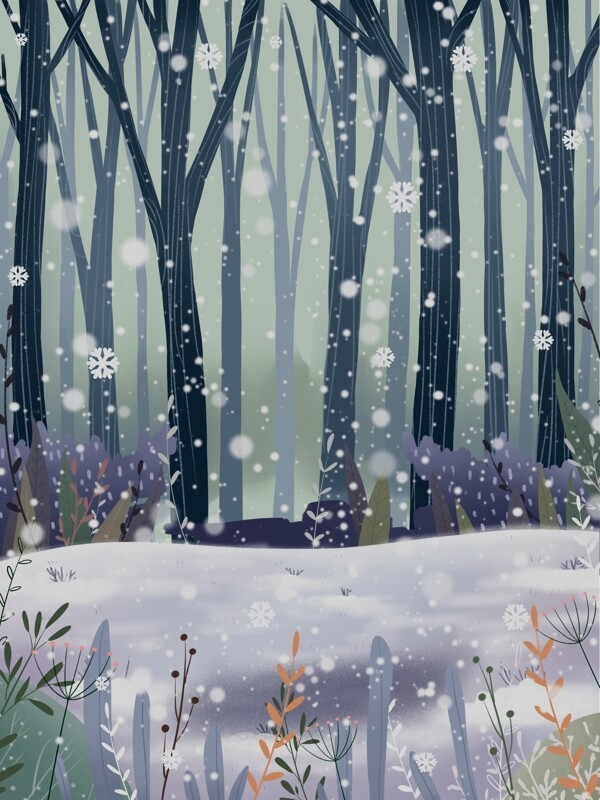 手绘冬天里的树林背景素材