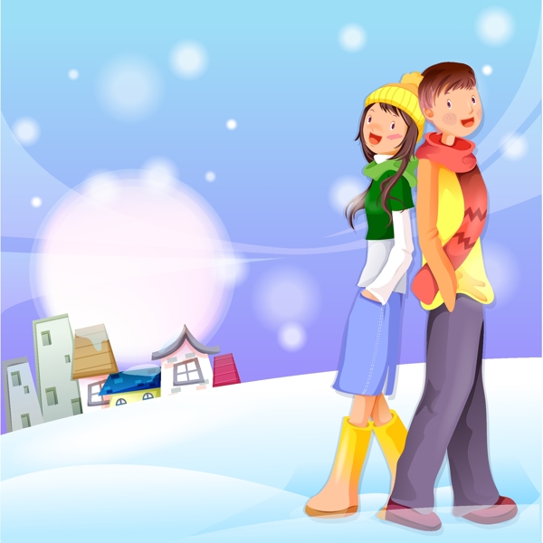 情侣背靠背站在雪地里矢量素材