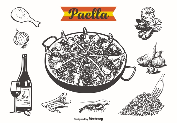 西班牙海鲜饭绘制矢量插画
