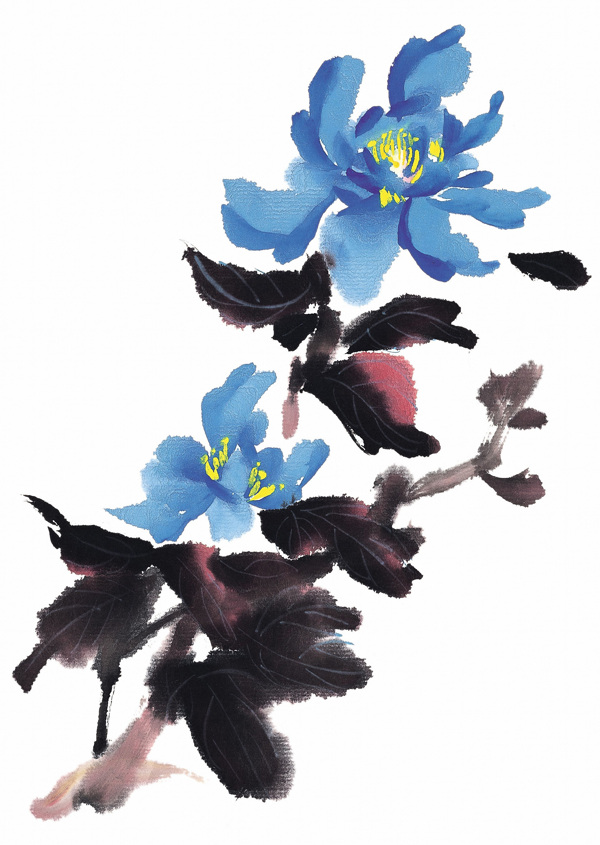 蓝色菊花水墨画