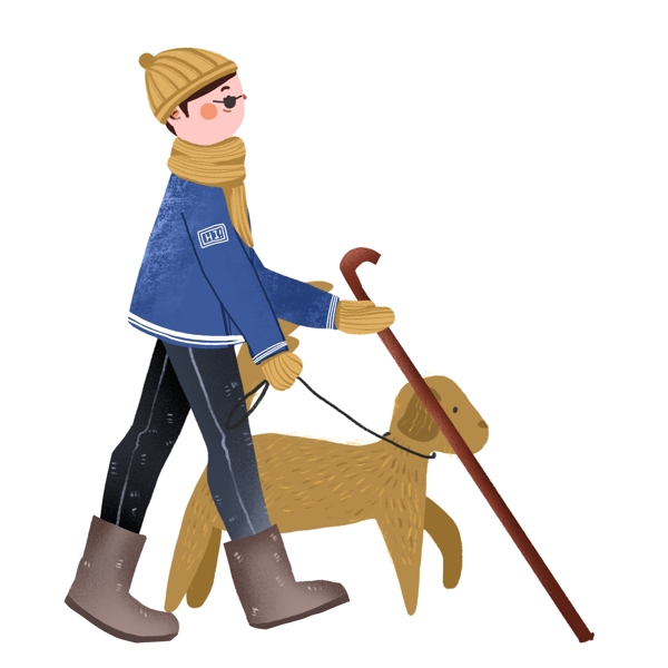 手绘冬天散步的男孩和导盲犬可商用元素