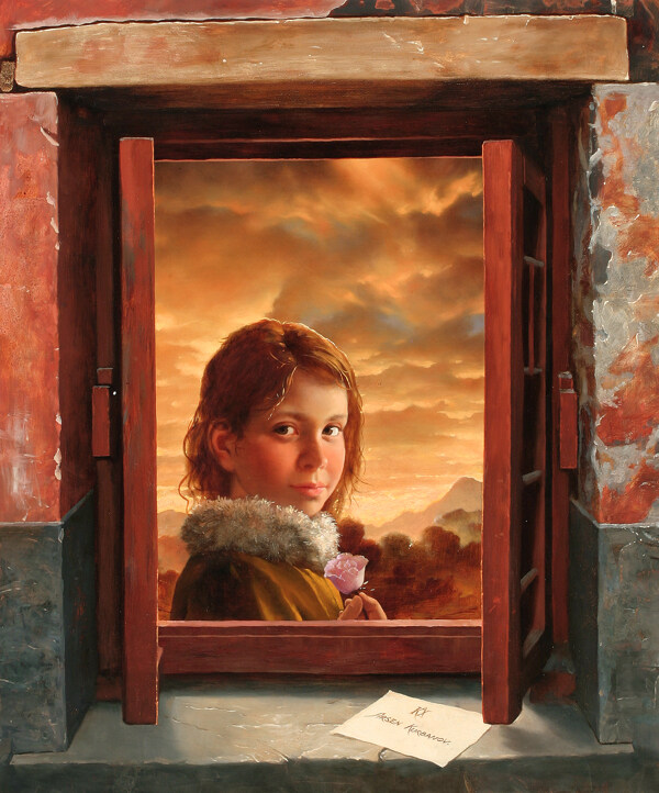 壁炉里面拿花的小女孩油画图片