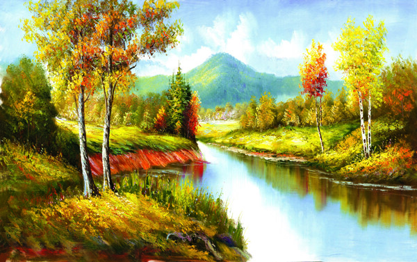 小河树林油画图片
