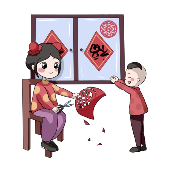 中国风过春节剪纸窗花人物插画