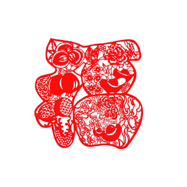 中国红创意福字剪纸装饰元素