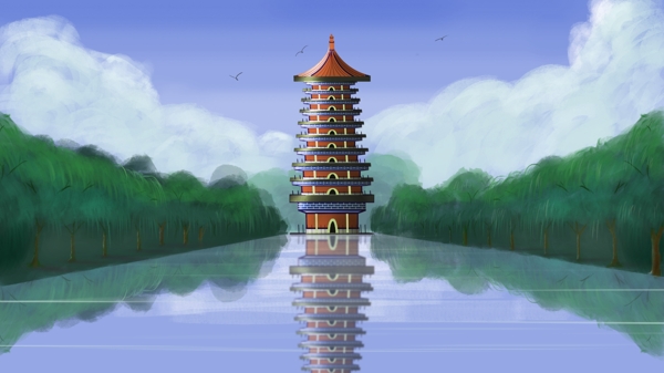 中国风古风建筑沧海挽歌唯美意境插画海报