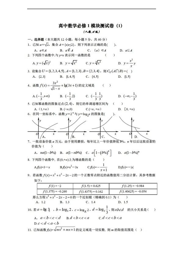 数学人教新课标A版必修1模块测试卷