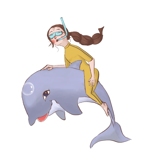 手绘骑着鲨鱼潜水的女孩子插画设计