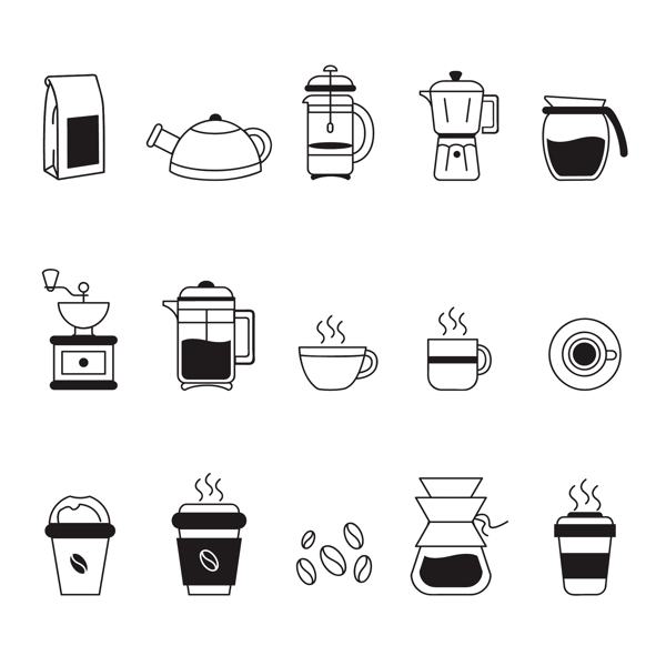 手绘各种咖啡图标集合