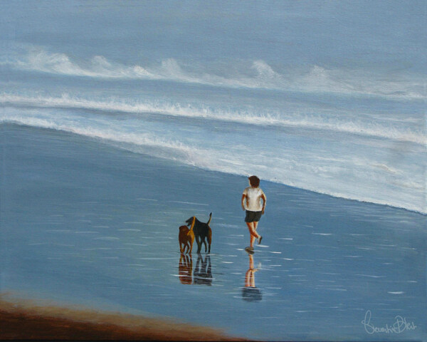 海岸遛狗油画
