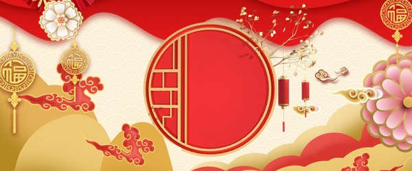 新年喜庆剪纸风猪年春节中国风促销背景
