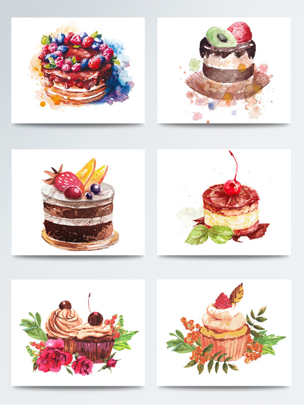 高清免扣手绘水彩生日蛋糕甜品素材