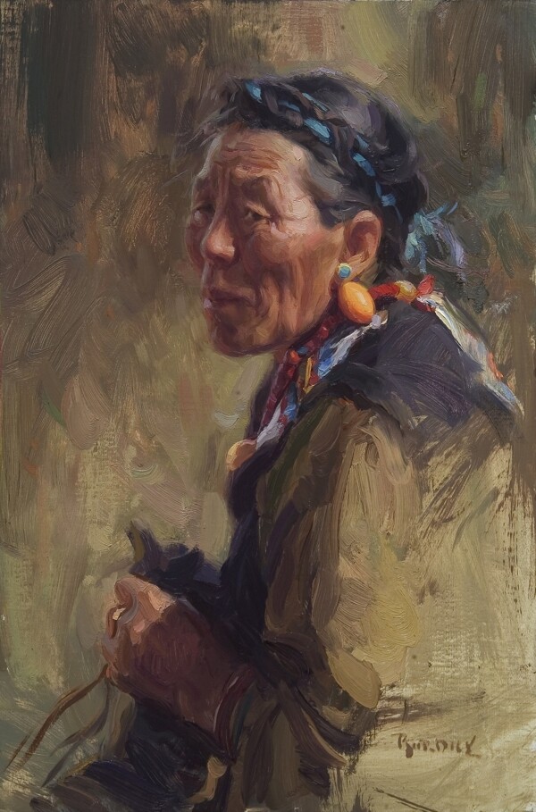 满面愁容的藏族阿妈油画图片