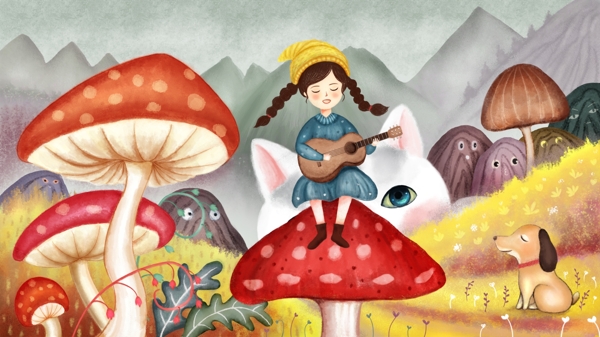 原创水彩风插画山物记之女孩的畅想蘑菇世界