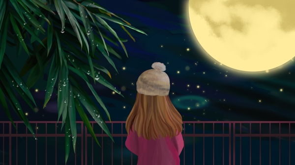 二十四节气寒露栏杆旁观赏月亮的少女