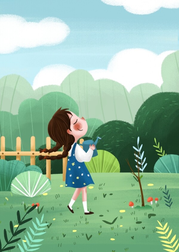 春天女孩种树植树节节日插画