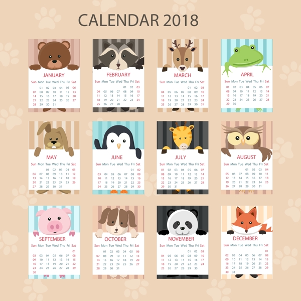 2018卡通动物日历素材
