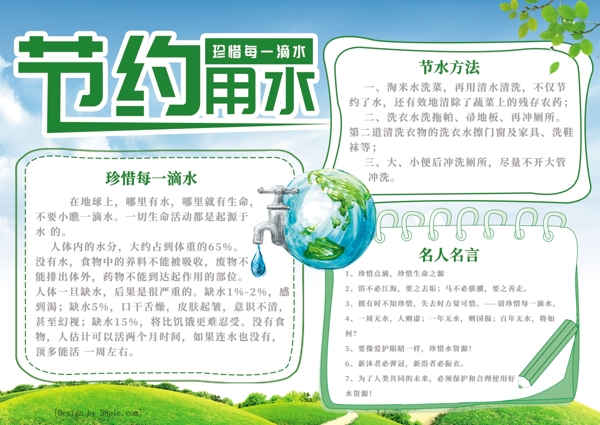 清新绿色节约用水珍惜每一滴水宣传手抄报