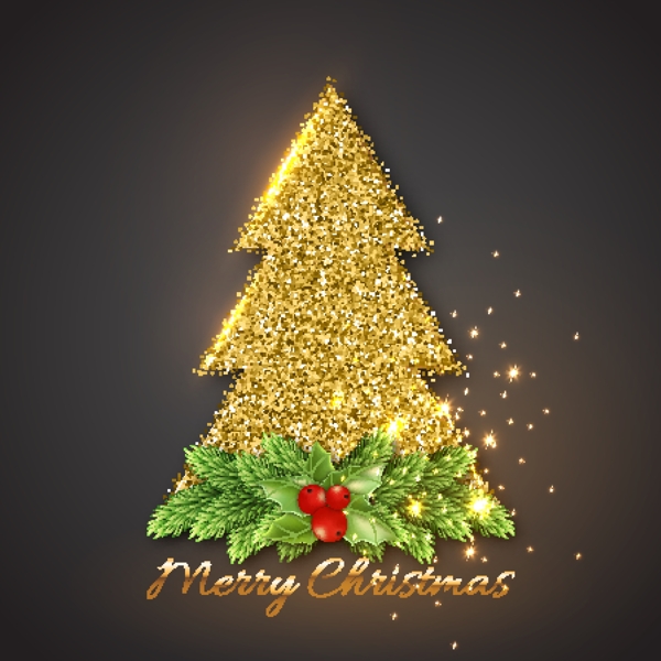 金色圣诞树黑色圣诞节矢量背景装饰素材