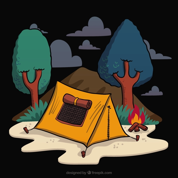 在森林里手绘野营帐篷