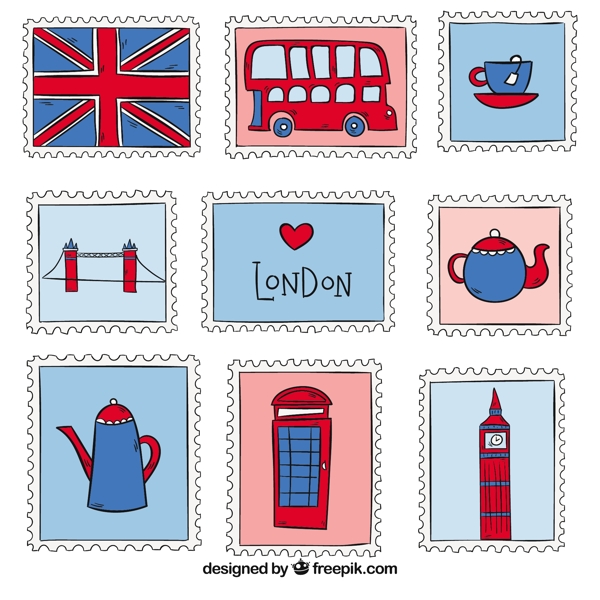 手绘伦敦主题邮票图标
