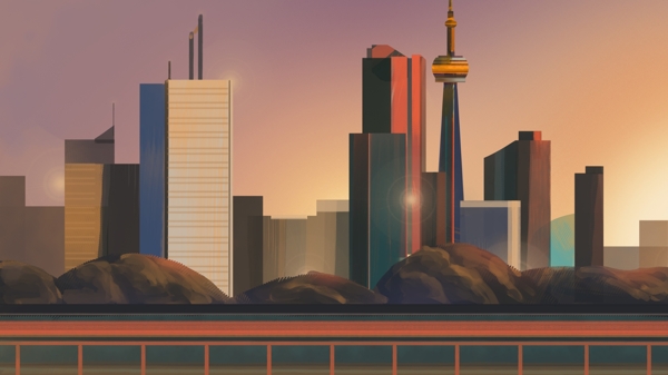 黄昏的城市剪影地标建筑加拿大