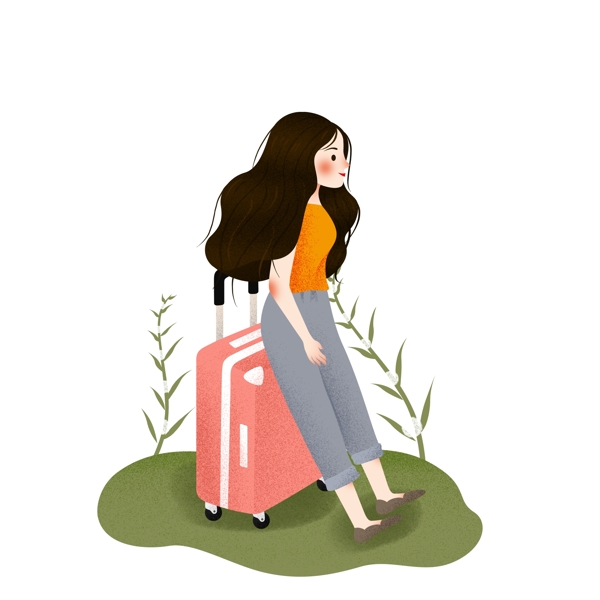 水彩女孩行李旅行插图