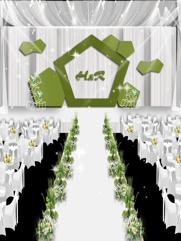 绿色简约几何形状婚礼效果图设计
