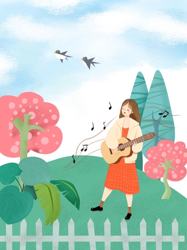 春天自然绿植风景女孩弹琴背景