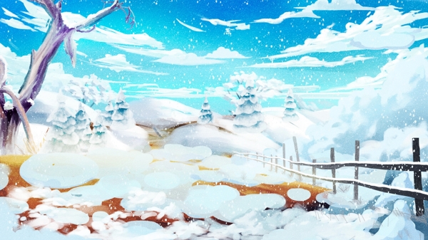 手绘蓝天下的雪地大雪节气背景素材