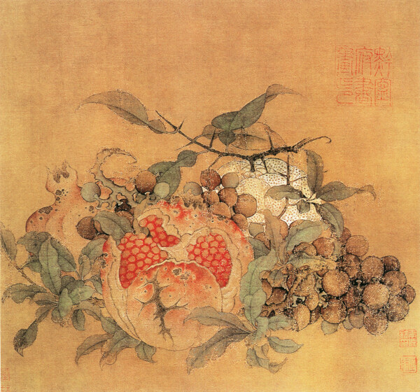 橘子葡萄石榴图花鸟画中国古画0084
