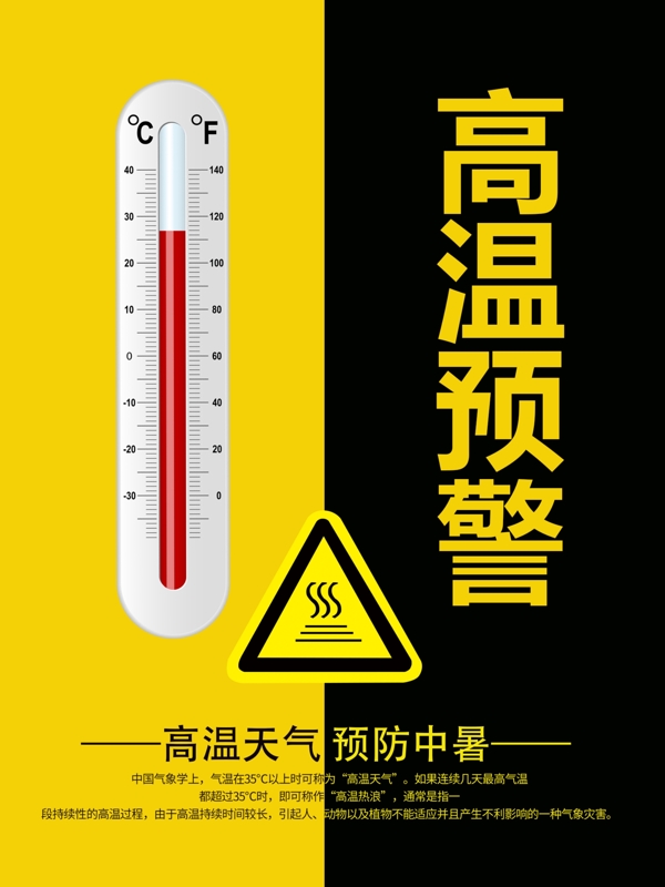 黄黑色简约大气高温预警海报